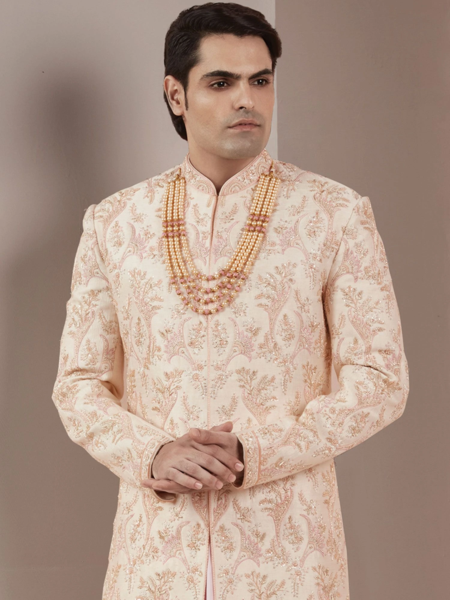 Peach Hand Embroidered Groom Sherwani And Kurta Set 4 Peach Hand Embroidered Groom Sherwani And Kurta Set - Image 2