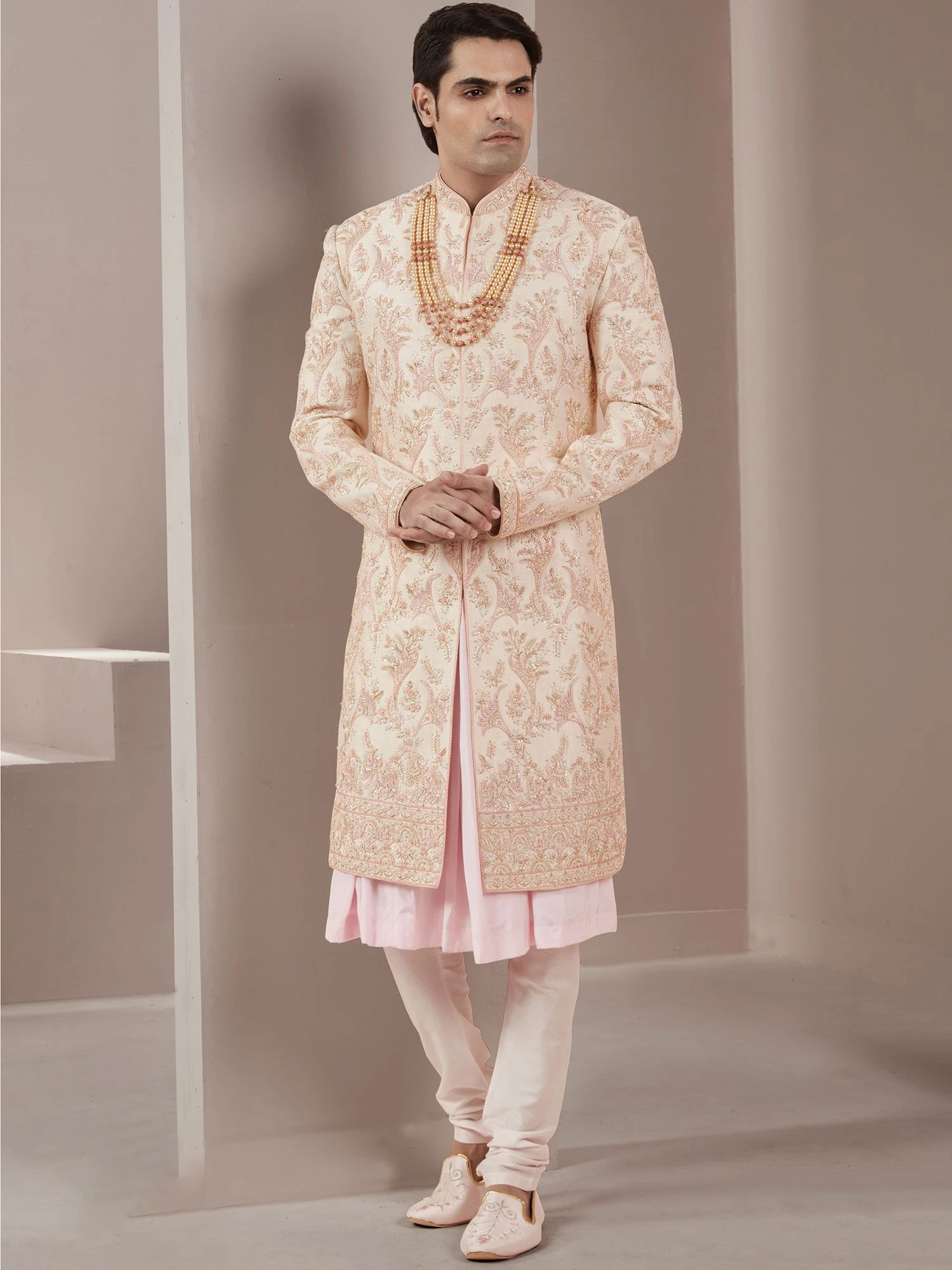 Peach Hand Embroidered Groom Sherwani And Kurta Set 3 Peach Hand Embroidered Groom Sherwani And Kurta Set