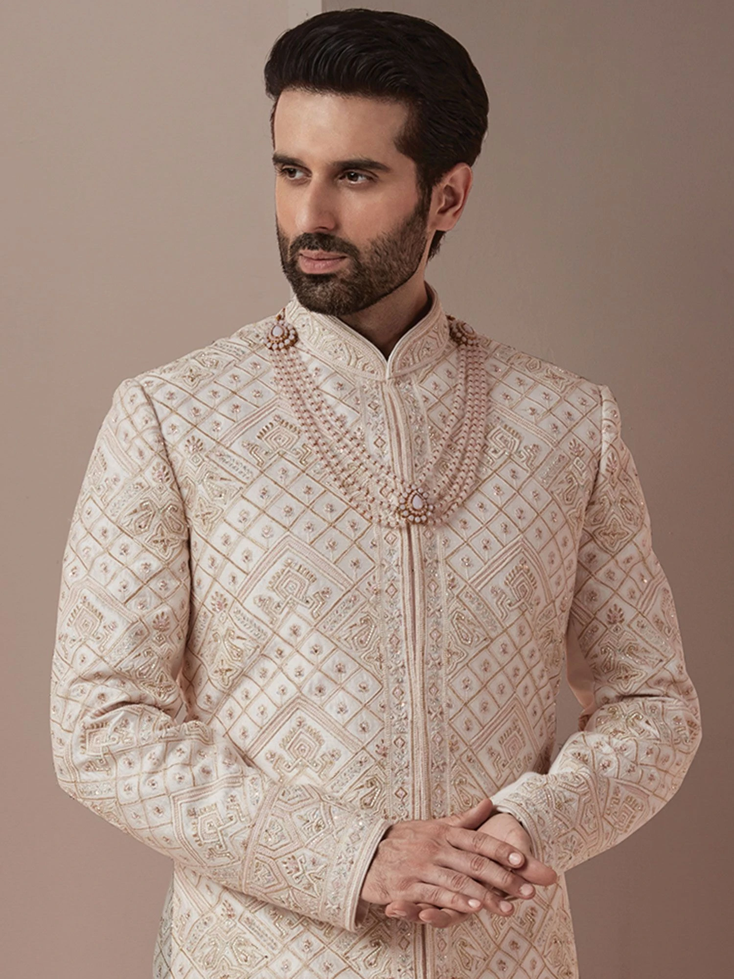 Readymade White Sherwani With Anarkali Kurta In Silk 4 Readymade White Sherwani With Anarkali Kurta In Silk - Image 2