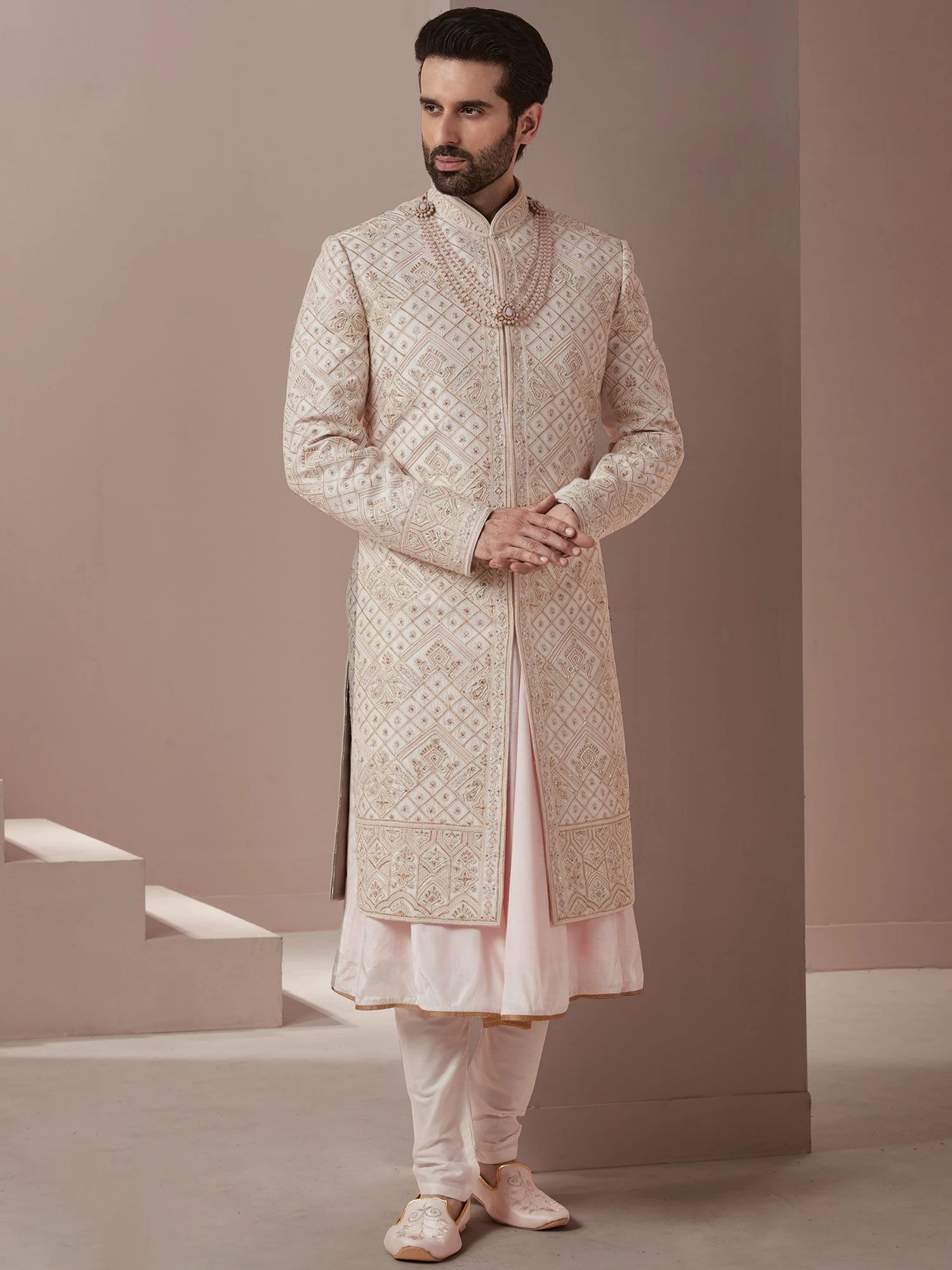 Readymade White Sherwani With Anarkali Kurta In Silk 3 Readymade White Sherwani With Anarkali Kurta In Silk
