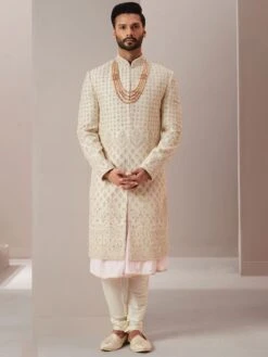 Off White Silk Sherwani With Anarkali Kurta Set