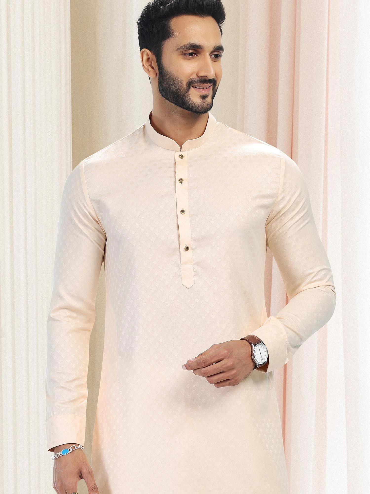 Cream Silk Kurta Pajama For Men 4 Cream Silk Kurta Pajama For Men - Image 2