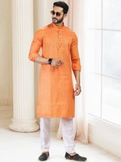 Orange Festive Kurta Pyjama With Prints