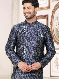 Blue Woven Fetsive Kurta Pajama In Jacquard -Riwaayat Store p1036mw15 1