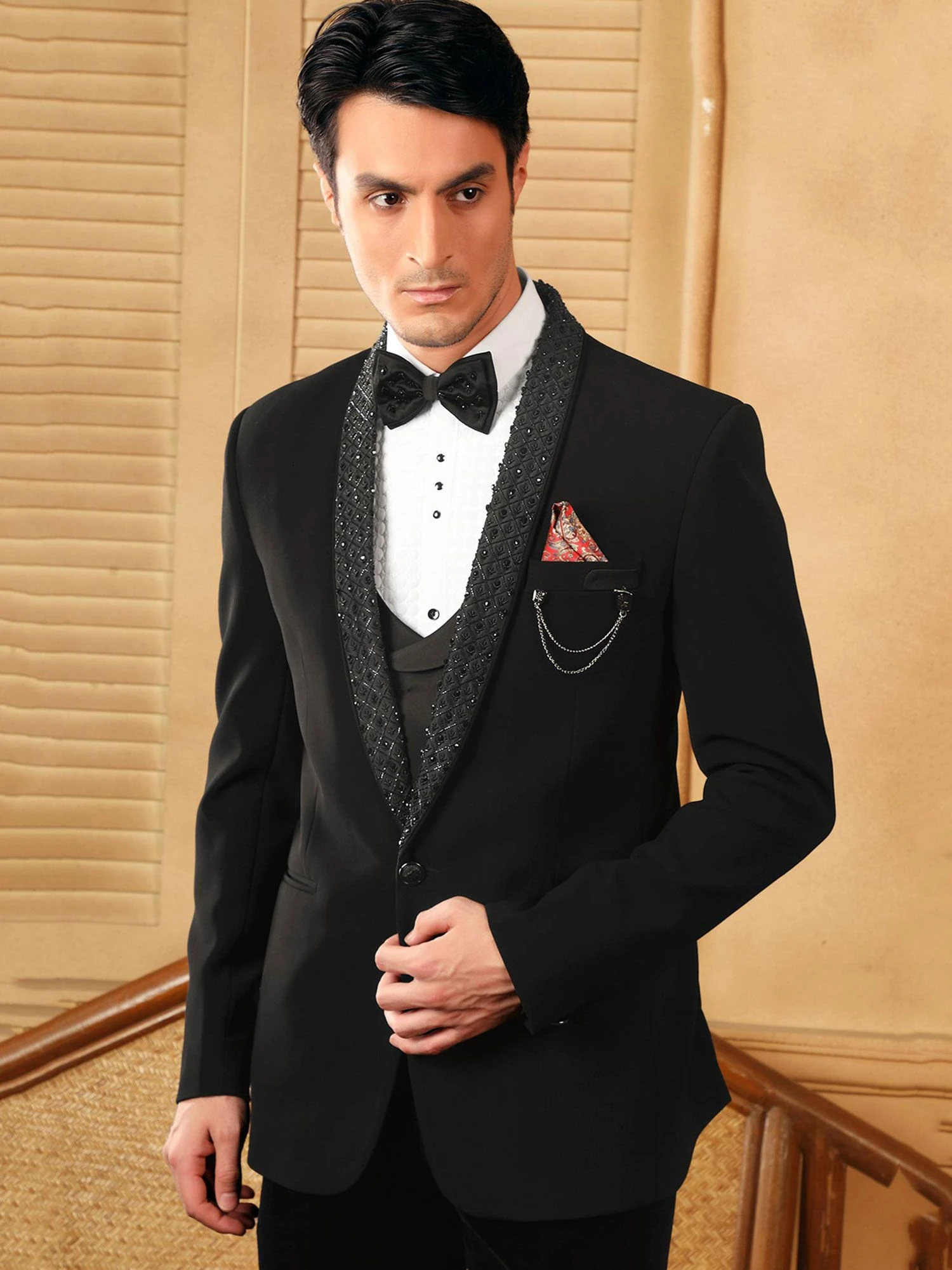 Black Velvet Groom Tuxedo With Embroidered Collar 4 Black Velvet Groom Tuxedo With Embroidered Collar - Image 2