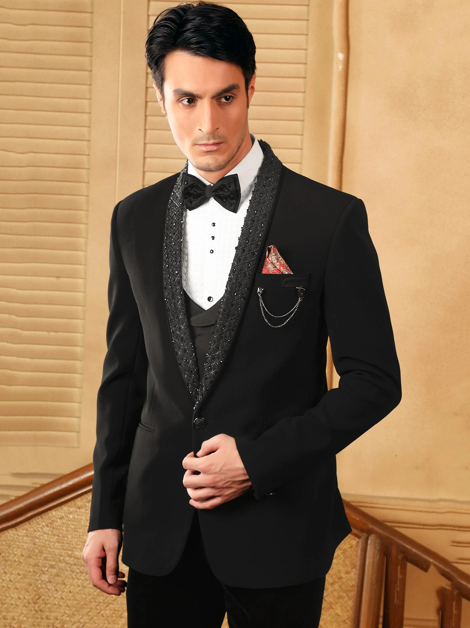 Black Velvet Groom Tuxedo With Embroidered Collar 3 Black Velvet Groom Tuxedo With Embroidered Collar