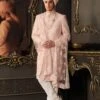 Pink Sequined Silk Sherwani Set For Men