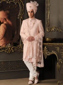 Pink Sequined Silk Sherwani Set For Men
