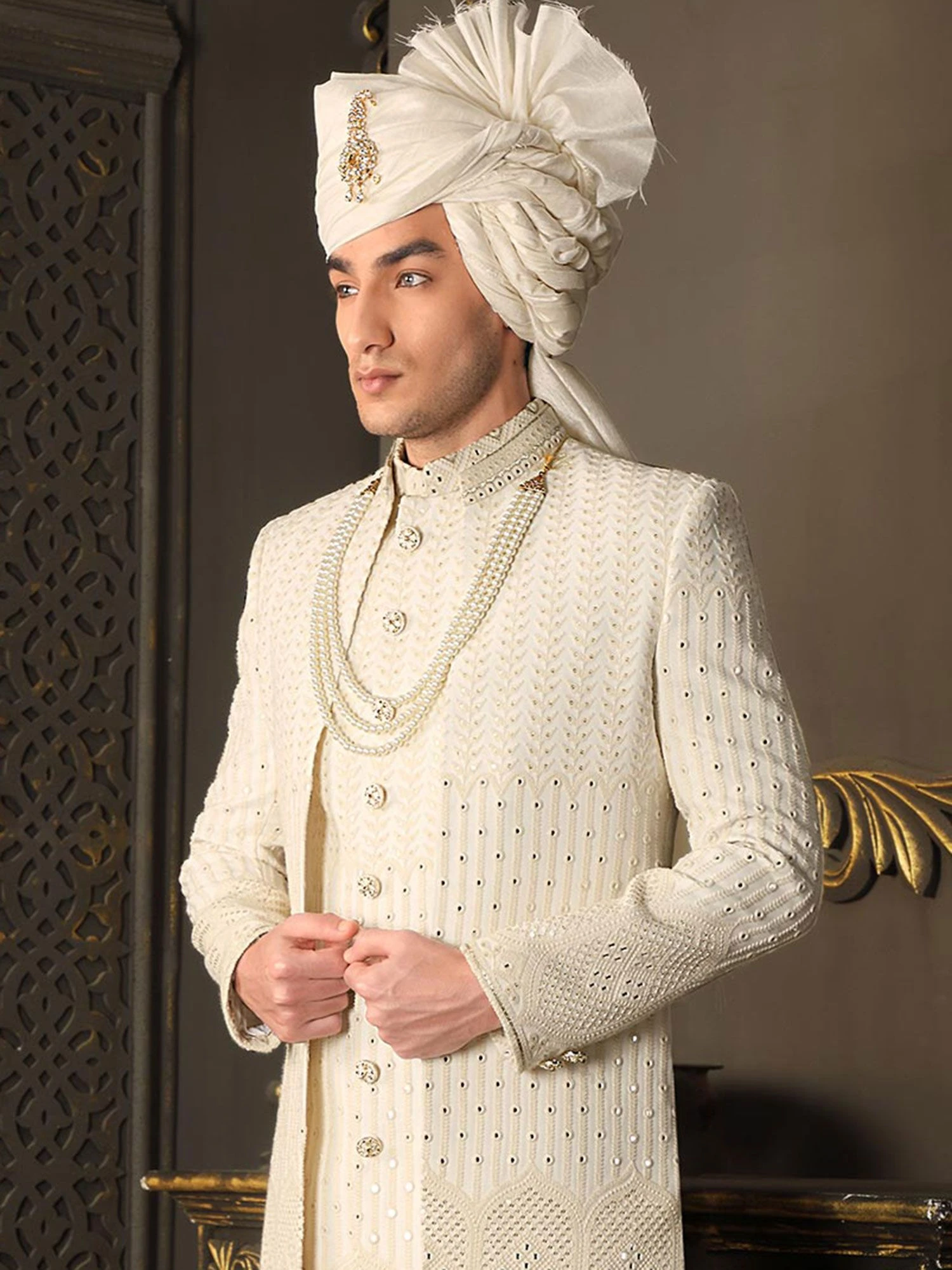 Cream Silk Groom Layered Sherwani With Embroidery 4 Cream Silk Groom Layered Sherwani With Embroidery - Image 2