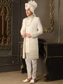 Cream Silk Groom Layered Sherwani With Embroidery