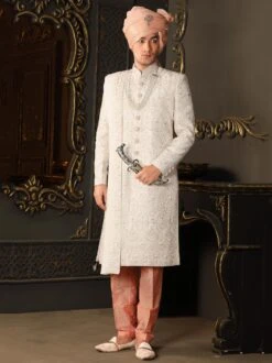 White Hand Embroidered Groom Sherwani In Silk
