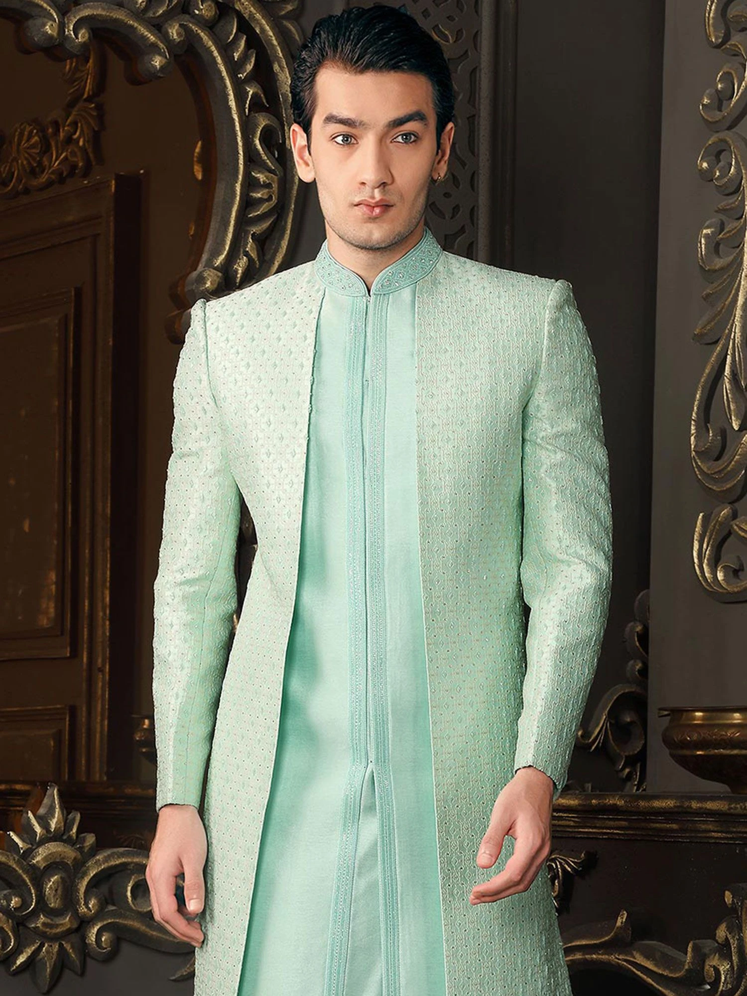 Green Layered Embroidered Indo Western In Silk 4 Green Layered Embroidered Indo Western In Silk - Image 2