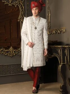 White Readymade Hand Embroidered Sherwani For Groom