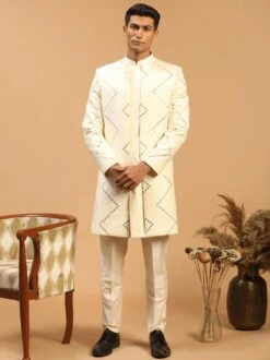 Cream Mirror Embroidered Layered Indo Western