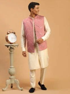 Cream Embroidered Kurta Pajama And Jacket Set -Riwaayat Store p1039mw23 1