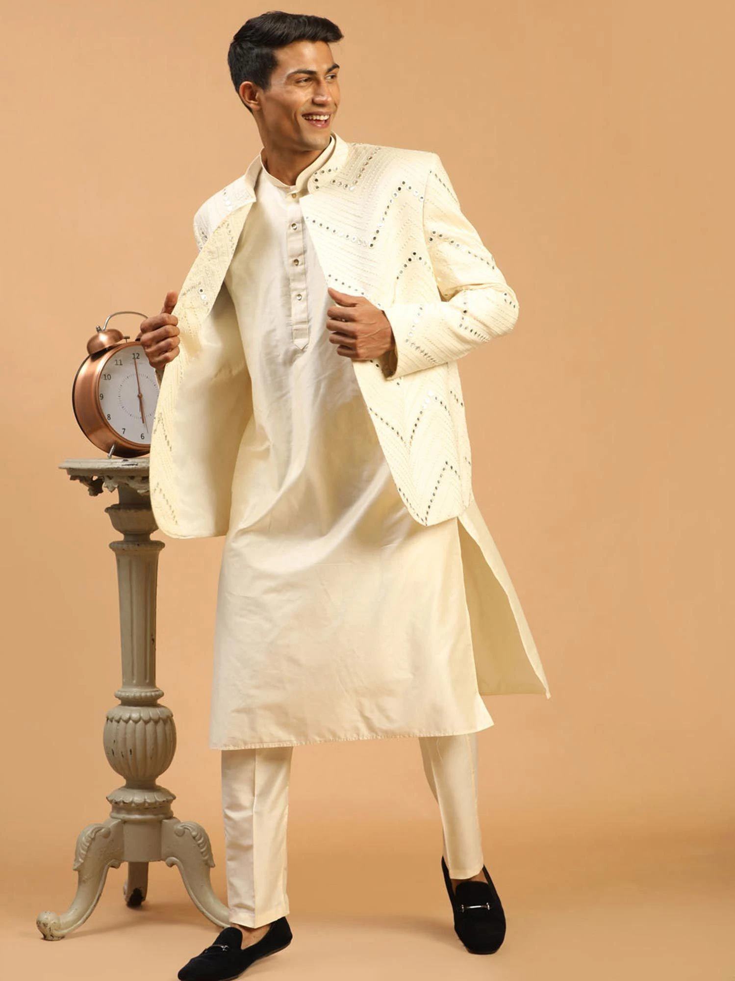 White Readymade Kurta Pyjama With Embroidered Jacket 4 White Readymade Kurta Pyjama With Embroidered Jacket - Image 2