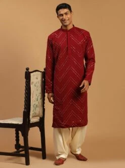 Red Party Wear Embroidered Pathani Suit