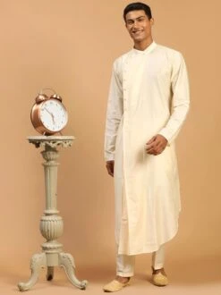 Cream Asymmetric Kurta Pjyama In Art Silk