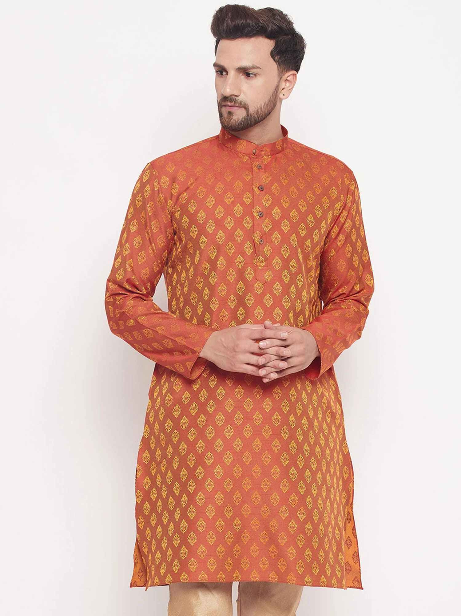 Orange Woven Kurta Pyjama In Art Silk 4 Orange Woven Kurta Pyjama In Art Silk - Image 2
