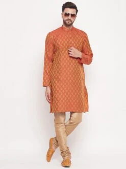 Orange Woven Kurta Pyjama In Art Silk