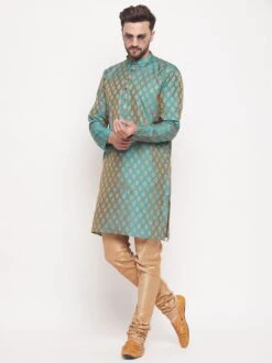 Blue Woven Silk Kurta Pajama For Men