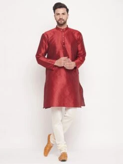 Red Woven Art Silk Kurta Pyjama Set