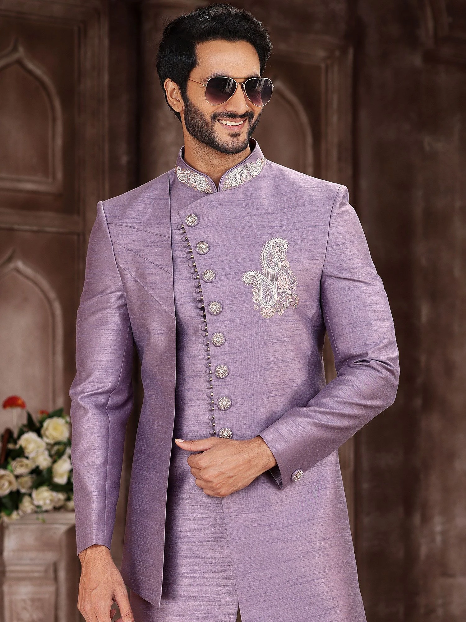 Purple Asymmetric Embroidered Indo Western For Men 4 Purple Asymmetric Embroidered Indo Western For Men - Image 2