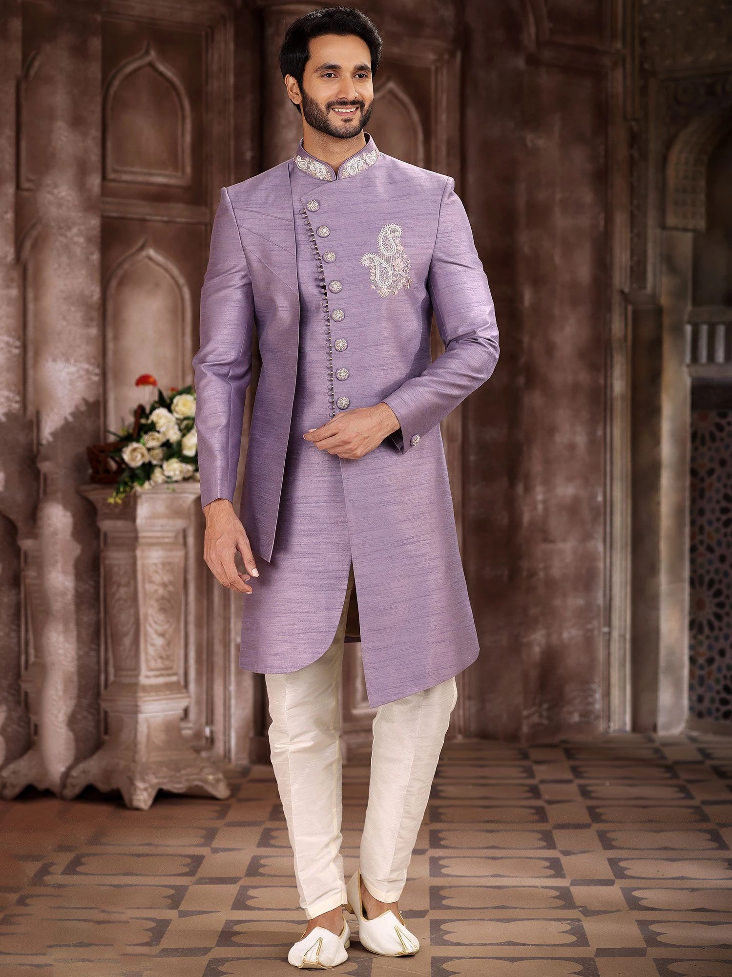 Purple Asymmetric Embroidered Indo Western For Men 3 Purple Asymmetric Embroidered Indo Western For Men