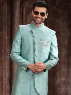 Blue Asymmetric Silk Indo Western For Groom -Riwaayat Store p1041mw02 1