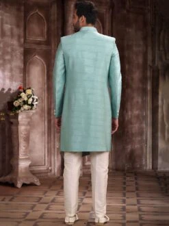 Blue Asymmetric Silk Indo Western For Groom -Riwaayat Store p1041mw02 2