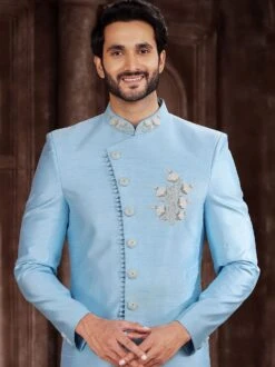 Blue Embroidered Asymmetric Indo Western In Silk -Riwaayat Store p1041mw03 1