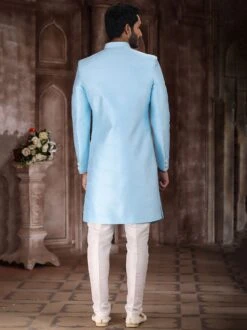 Blue Embroidered Asymmetric Indo Western In Silk -Riwaayat Store p1041mw03 2