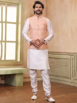 White Readymade Festive Kurta Pajama And Jacket