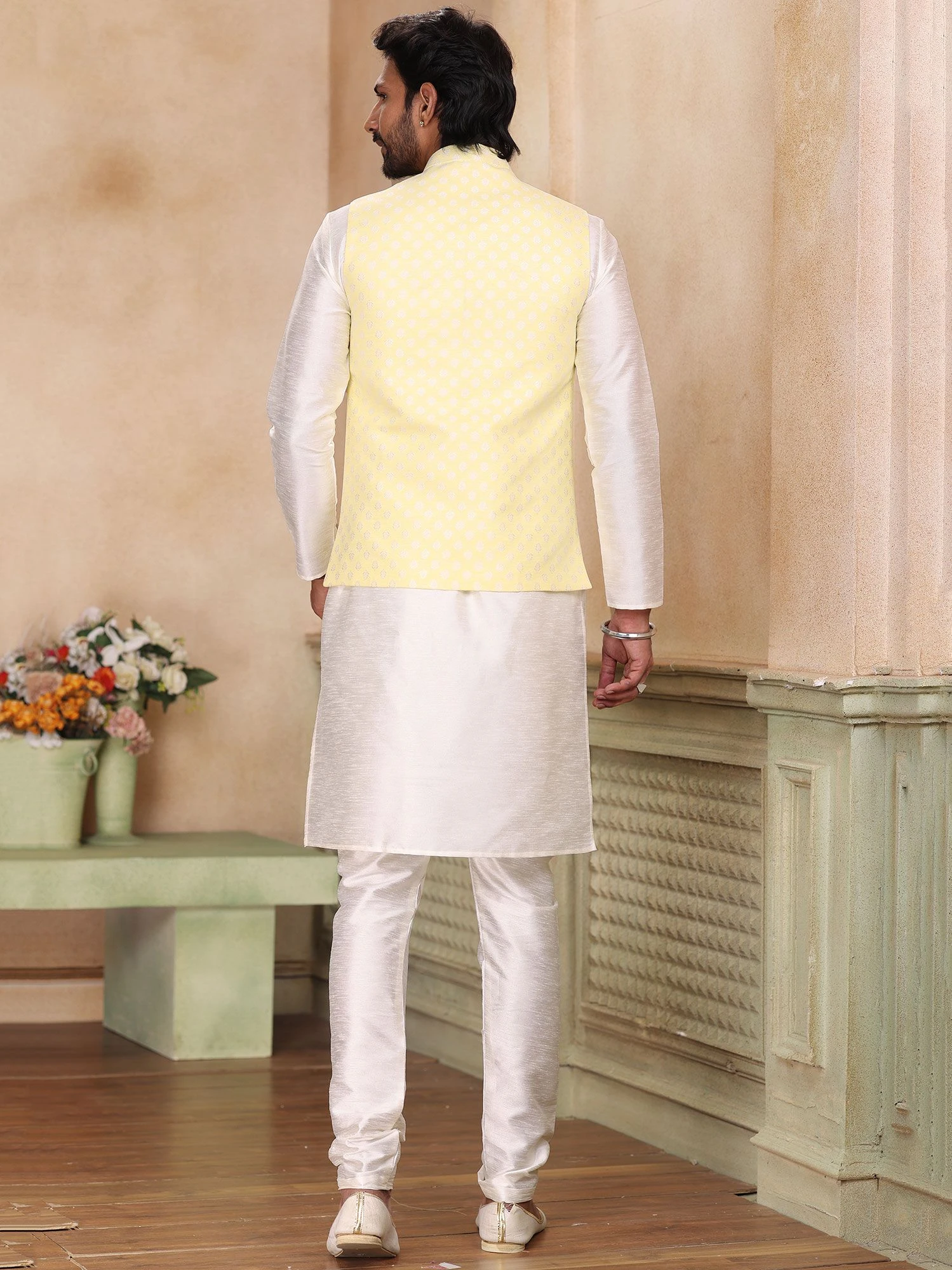 White Silk Kurta Churidaar With Nehru Jacket 5 White Silk Kurta Churidaar With Nehru Jacket - Image 3