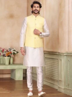 White Silk Kurta Churidaar With Nehru Jacket