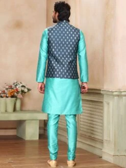 Turquoise Party Wear Kurta Churidaar With Jacket -Riwaayat Store p1042mw15 2 1