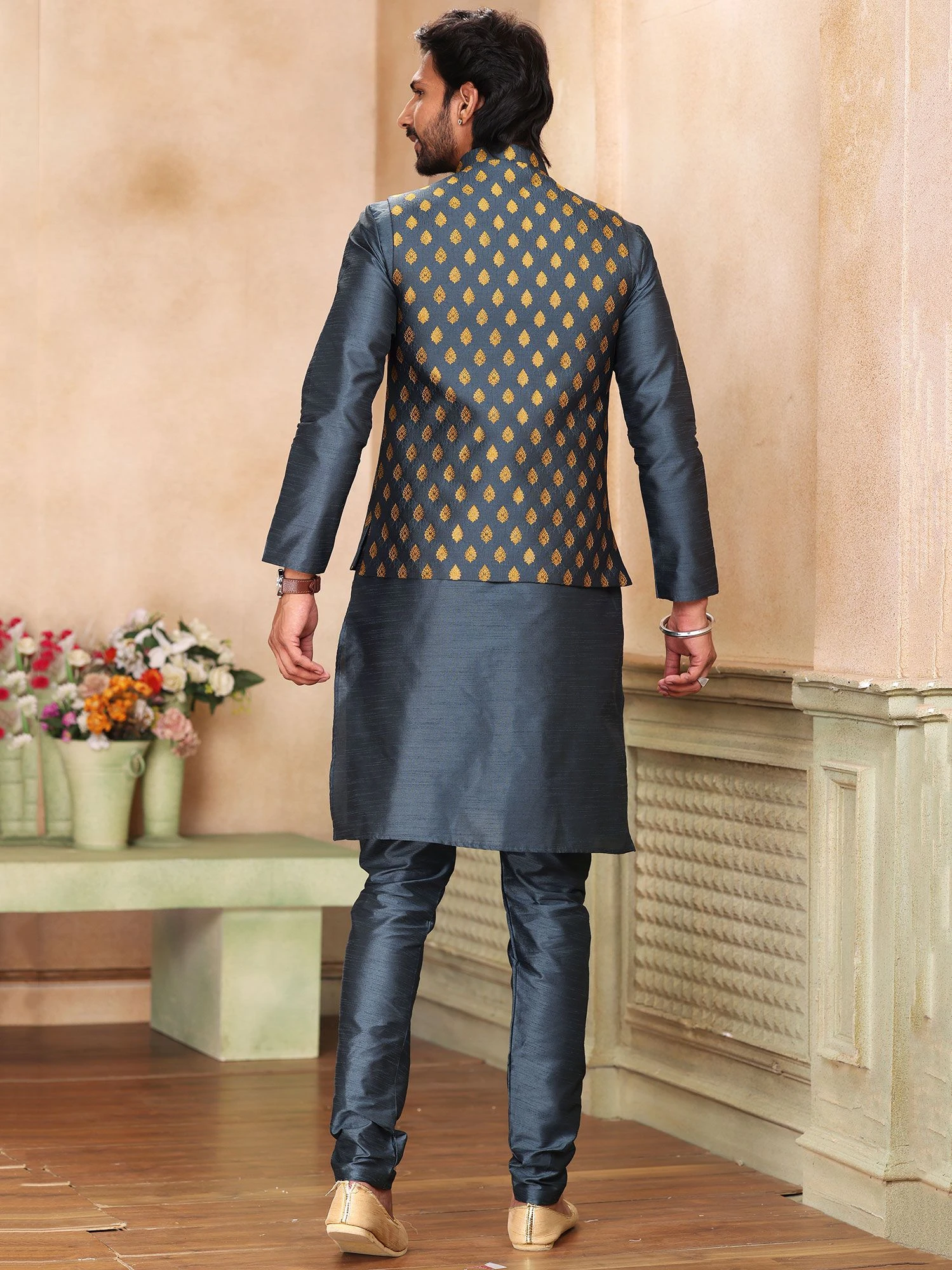 Grey Art Silk Mens Wear Kurta Pajama Set 5 Grey Art Silk Mens Wear Kurta Pajama Set - Image 3
