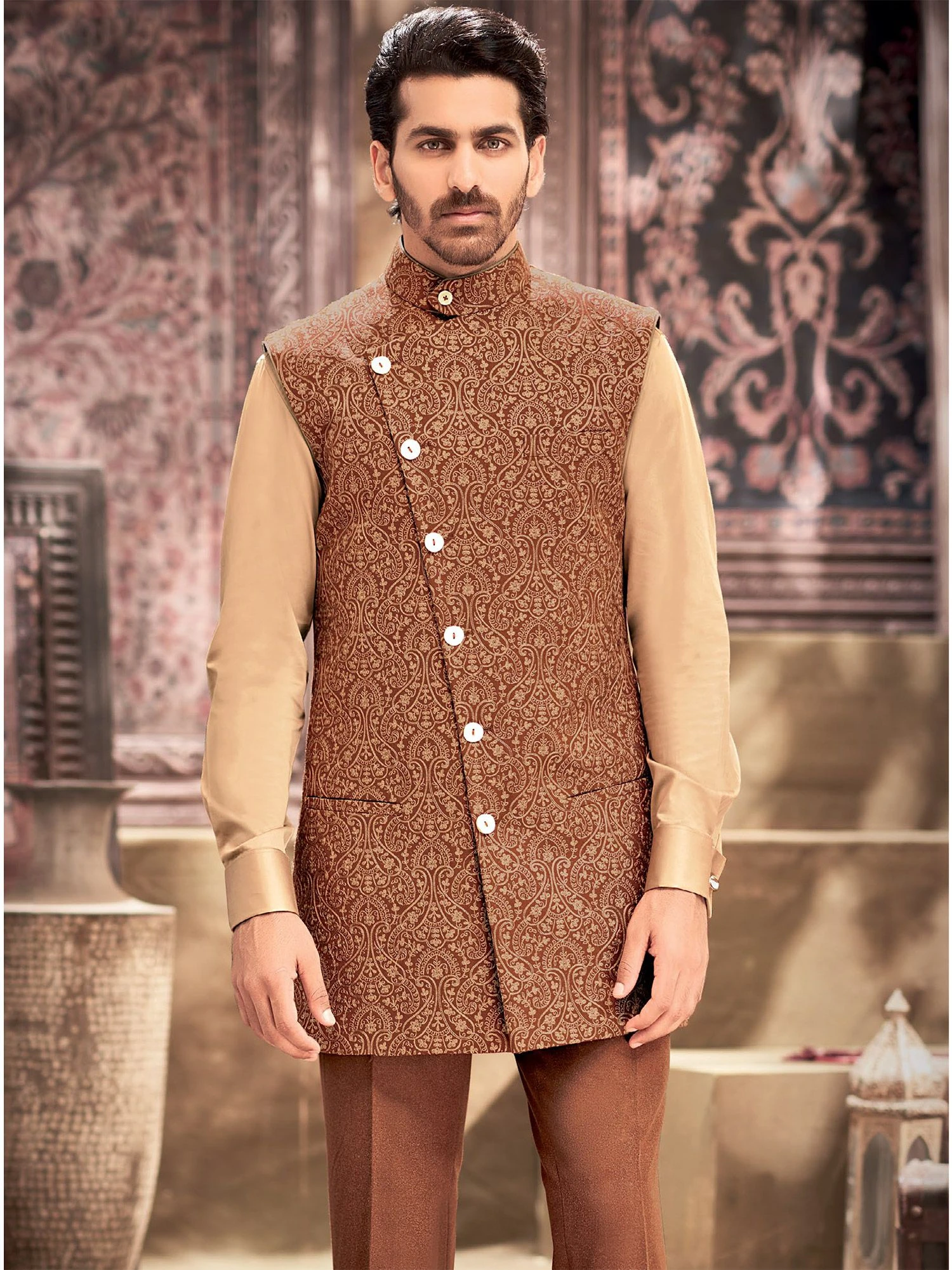 Brown Readymade Embroidered Nehru Jacket 3 Brown Readymade Embroidered Nehru Jacket