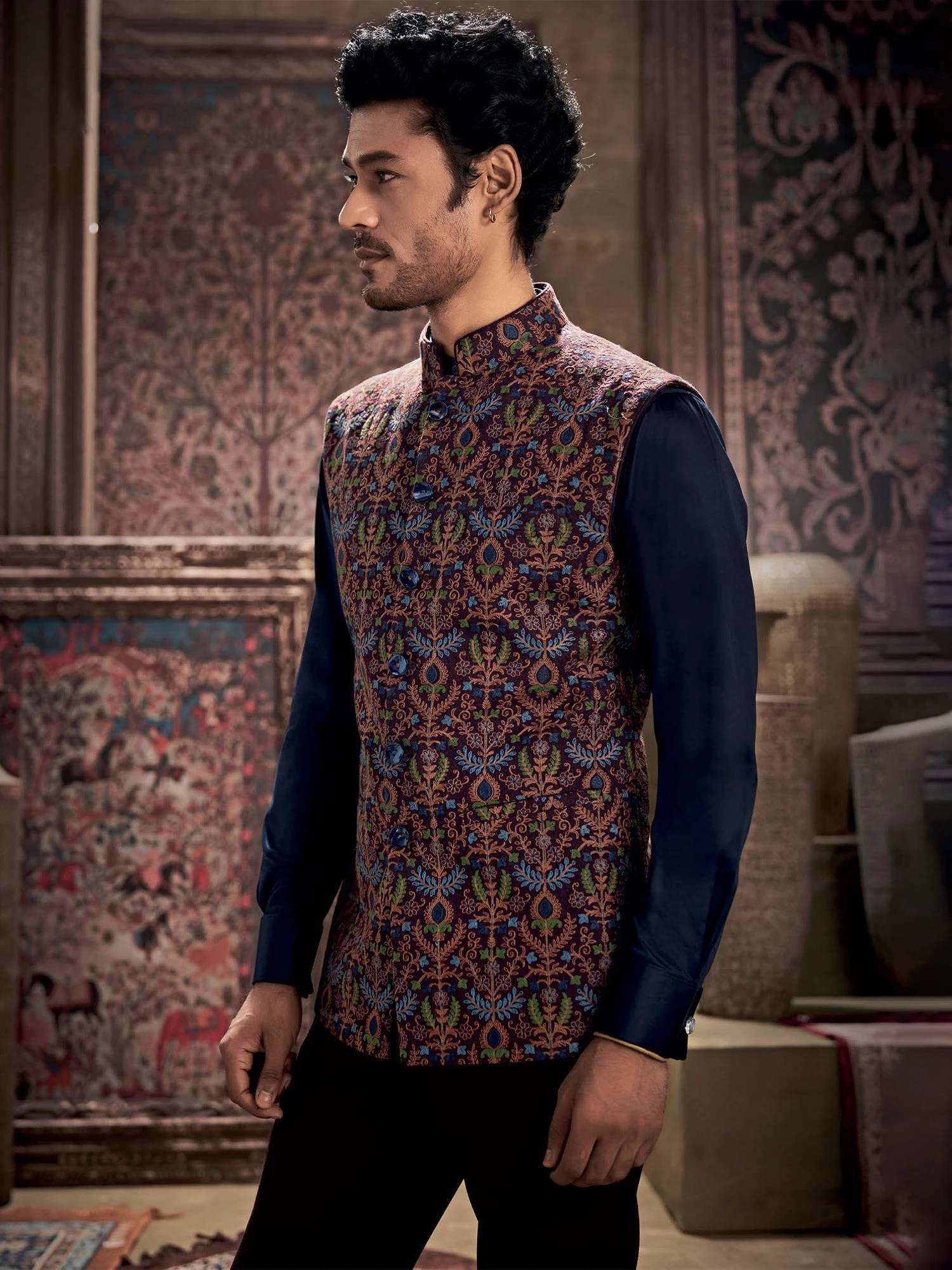 Purple Readymade Embroidered Silk Nehru Jacket 3 Purple Readymade Embroidered Silk Nehru Jacket