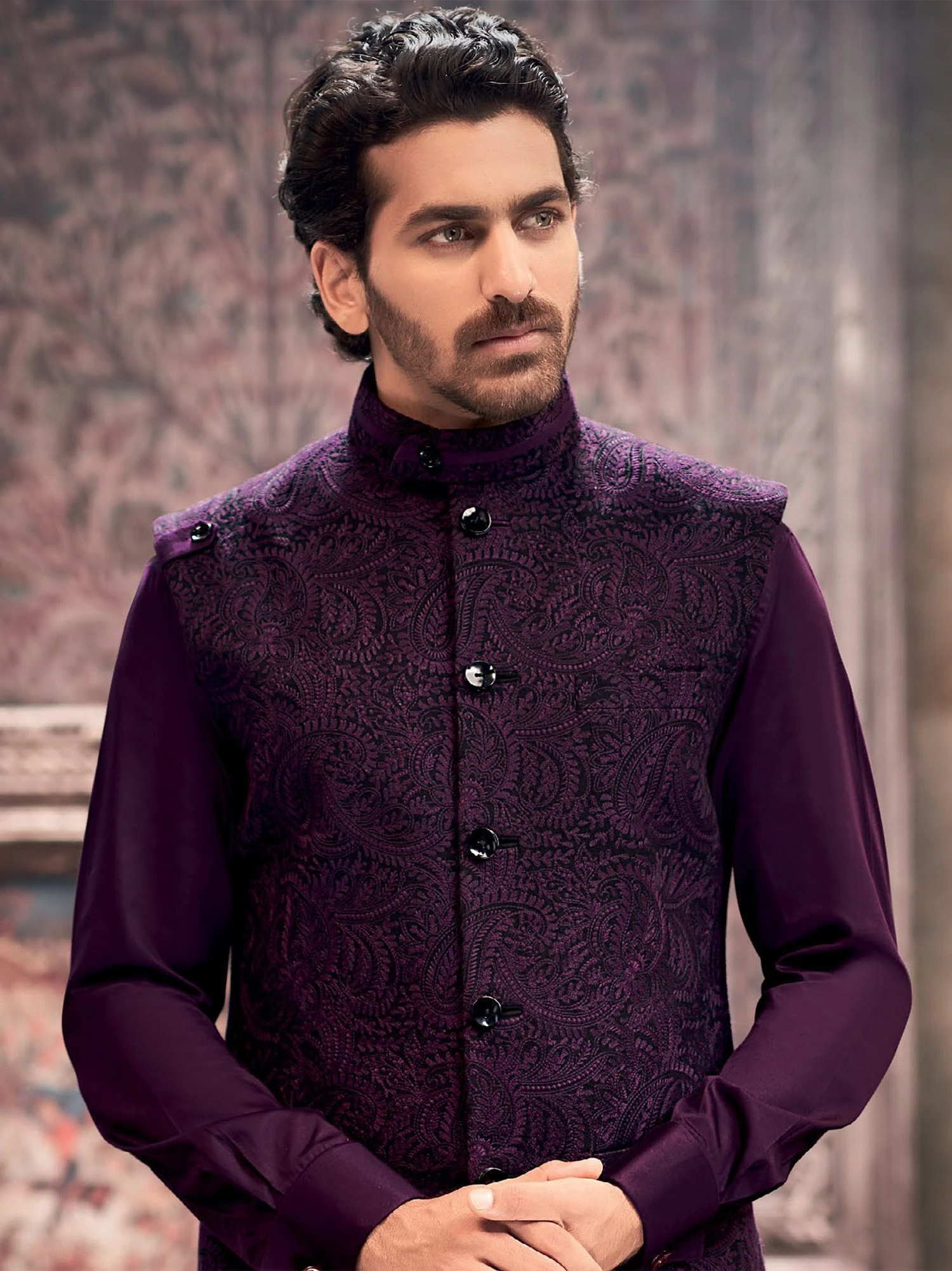 Purple Mens Nehru Jacket With Thread Embroidered 4 Purple Mens Nehru Jacket With Thread Embroidered - Image 2