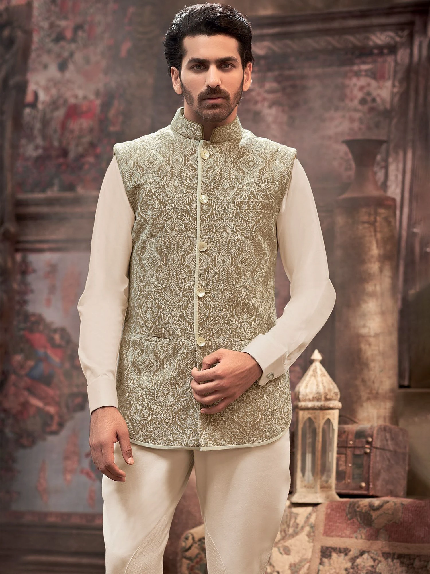 Green Festive Nehru Jacket With Traditional Embroidery 3 Green Festive Nehru Jacket With Traditional Embroidery