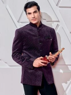 Purple Embroidered Bandhgala Suit In Velvet