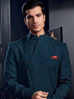 Blue Asymmetric Embroidered Indo Western -Riwaayat Store p1045mw23 1