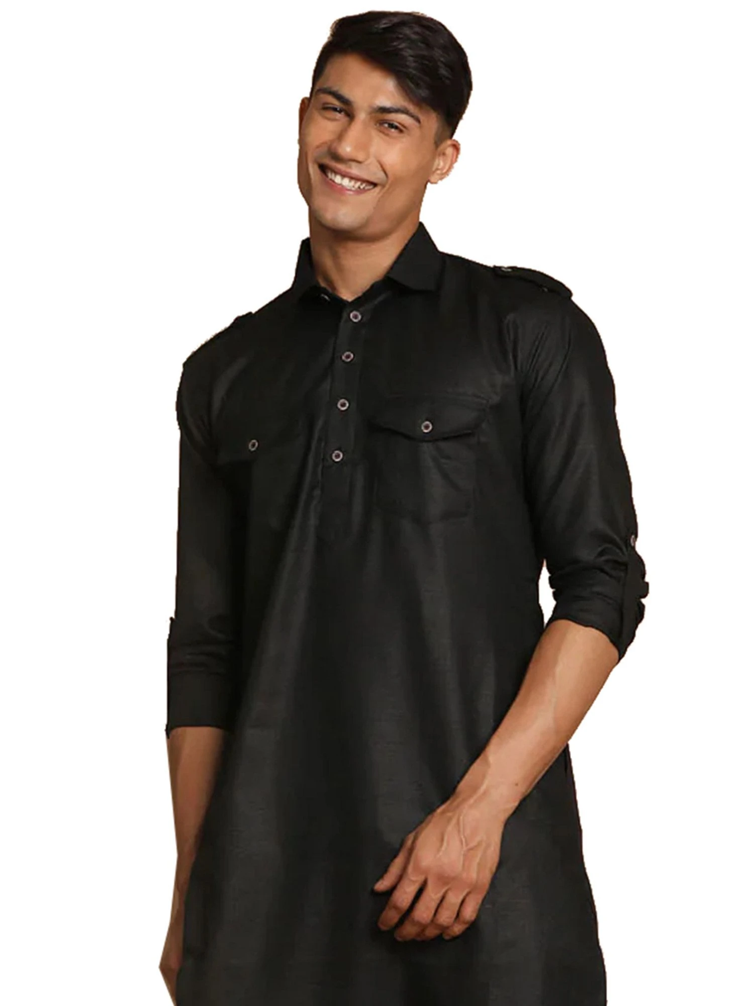 Black Readymade Pathani Kurta Pyjama In Cotton 4 Black Readymade Pathani Kurta Pyjama In Cotton - Image 2