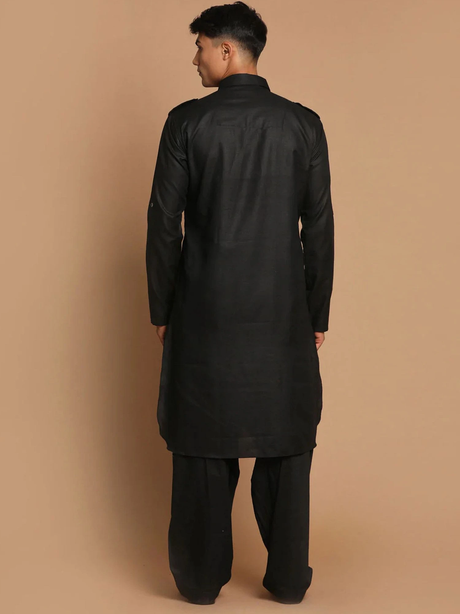 Black Readymade Pathani Kurta Pyjama In Cotton 5 Black Readymade Pathani Kurta Pyjama In Cotton - Image 3