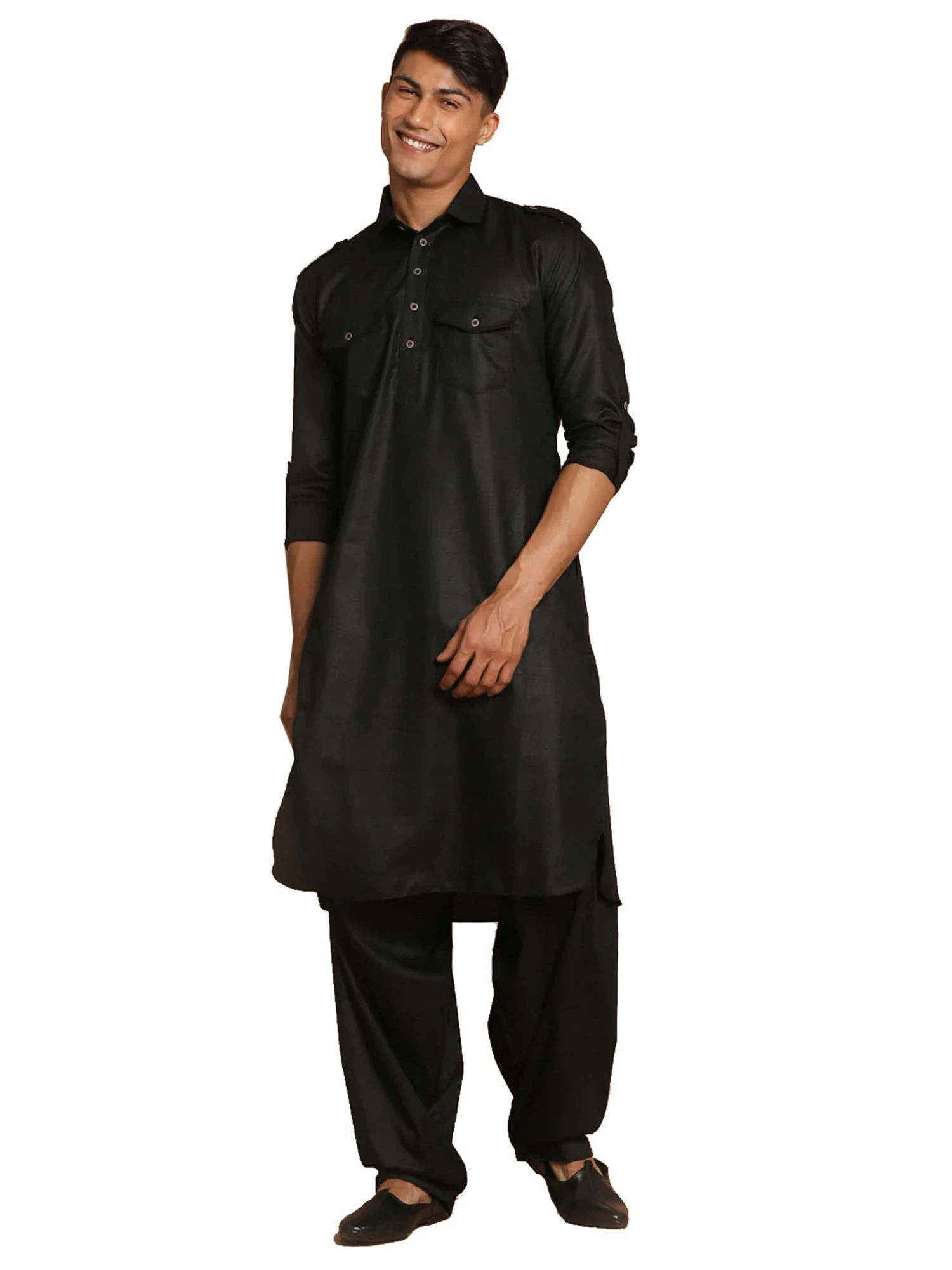 Black Readymade Pathani Kurta Pyjama In Cotton 3 Black Readymade Pathani Kurta Pyjama In Cotton