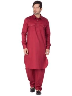 Red Festive Cotton Kurta With Pathani Salwar