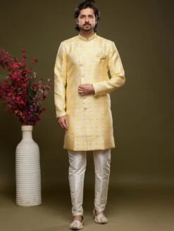 Yellow Wedding Wear Woven Indo Western For Men