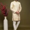 Cream Banarasi Silk Sherwani Set With Weaves -Riwaayat Store p1049mw05