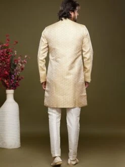 Cream Banarasi Silk Sherwani Set With Weaves -Riwaayat Store p1049mw05 2